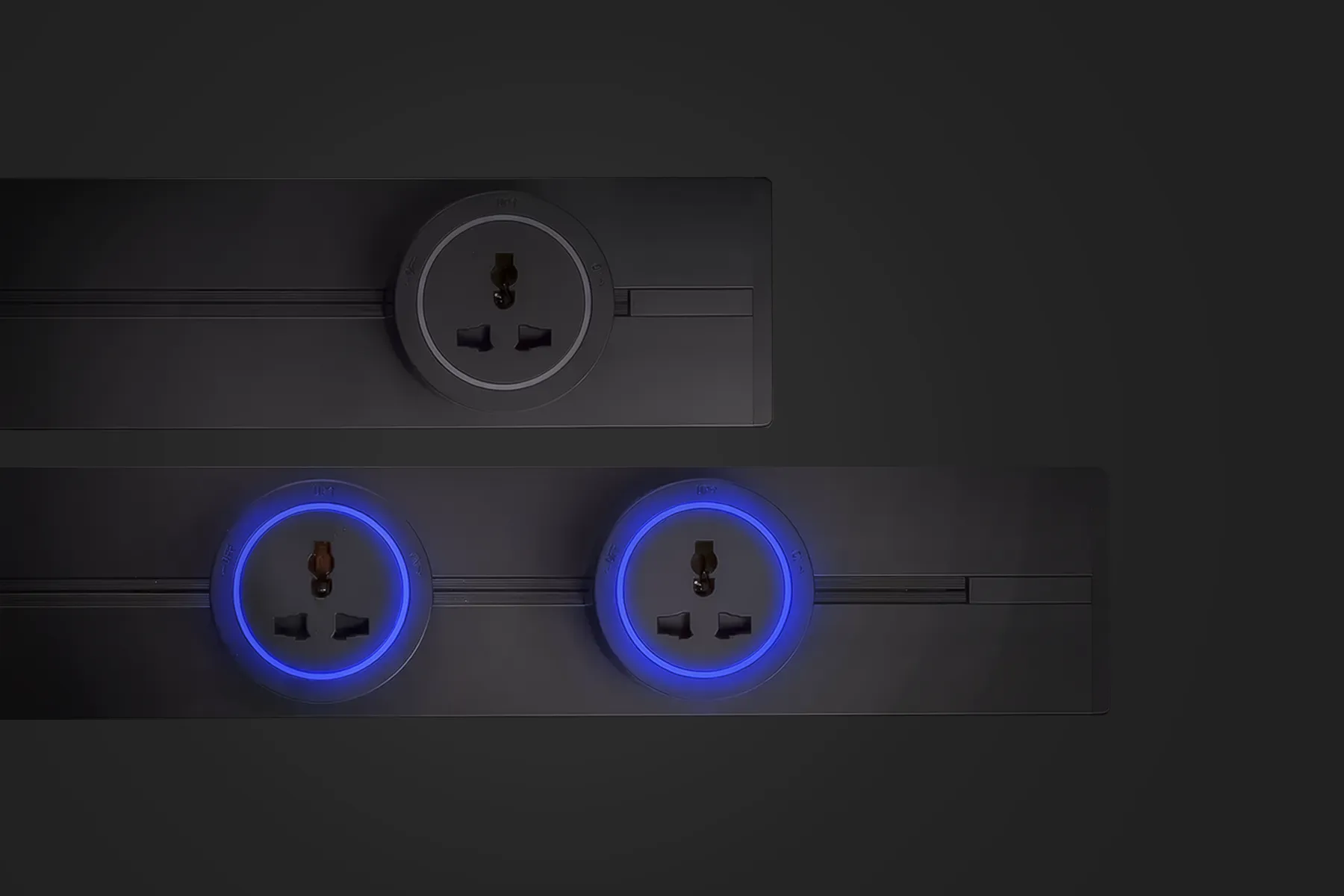 Dark sockets with blue illuminated rings